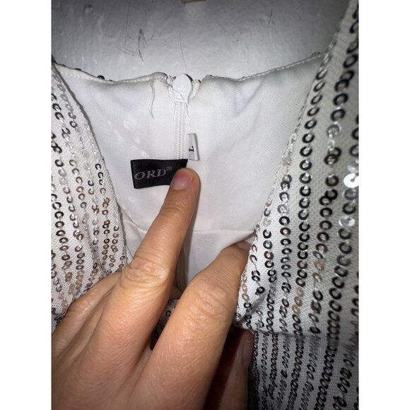 Sequin Maxi Dress Silver White Spaghetti Straps Formal Gown Sexy Bodycon Large - Picture 6 of 9